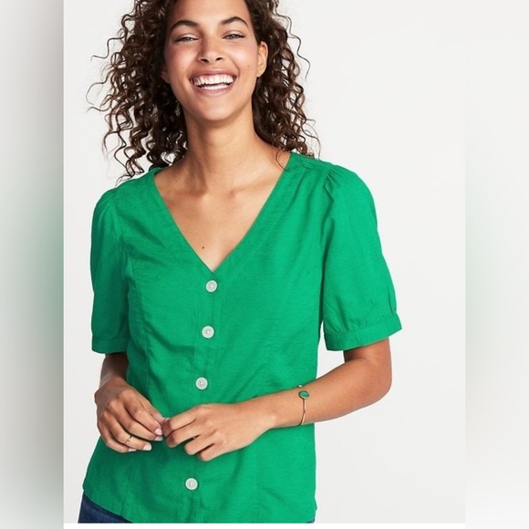 Old Navy green linen blend short sleeve button down V-neck size XL I19 - Picture 1 of 6